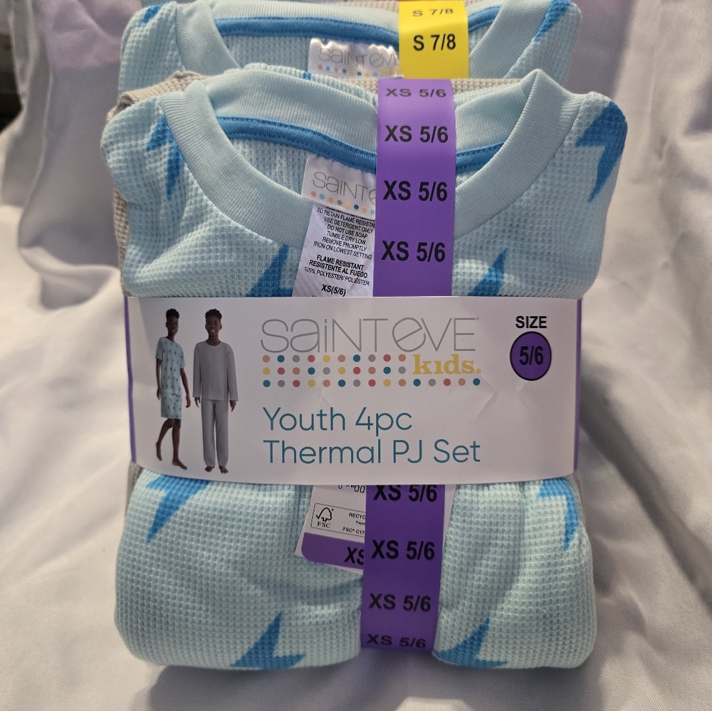 Saint Eve Kids Youth 4Pc Thermal Pajama Set Blue Lightning Print